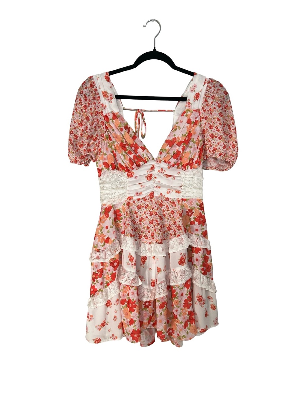 Altar'd State White Coral Floral Mini Dress Puff Sleeve Tiered Ruffle Boho Size - Picture 2 of 11